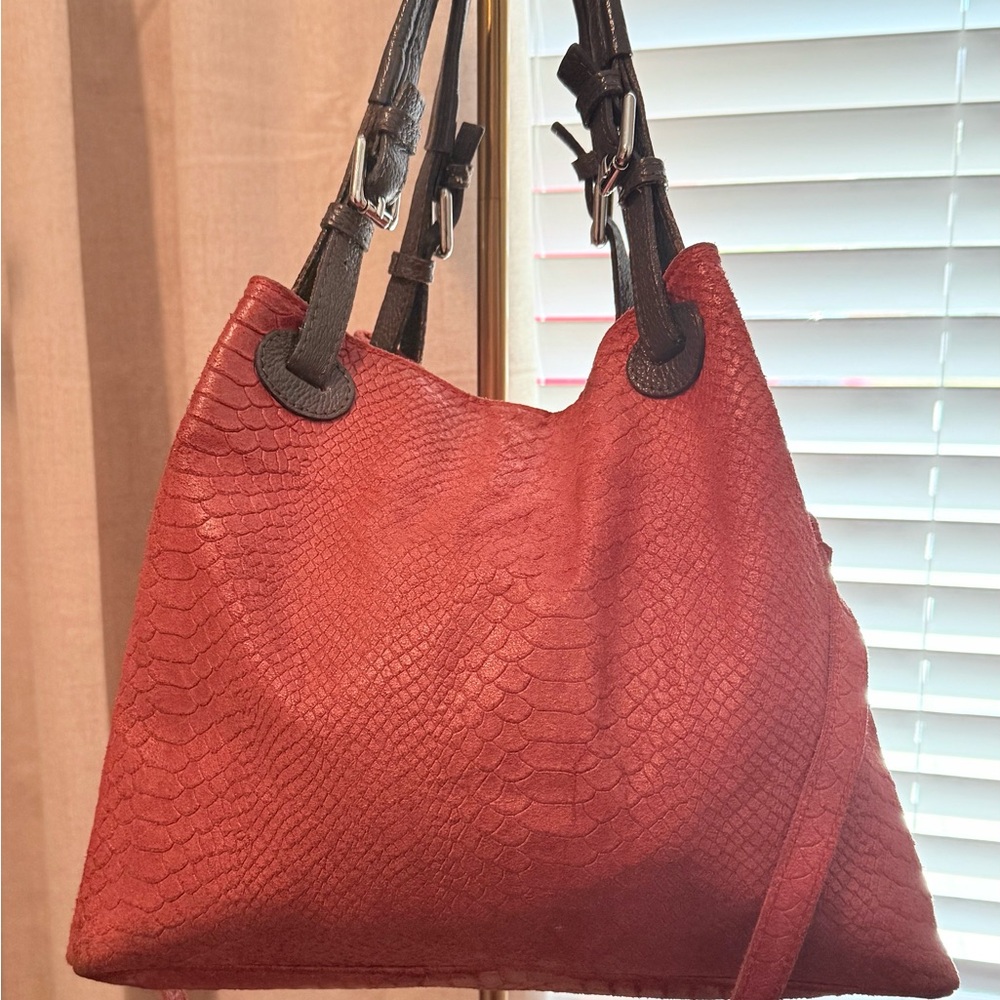 RED AUTHENTIC LEATHER Textured Shoulder Bag with Metal Hardware